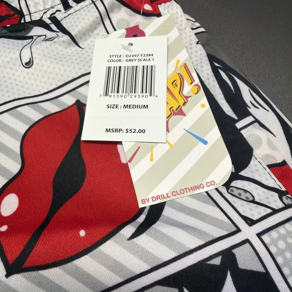 Drill Clothing Co. Men's Shorts Medium White Black Red Pop Art NWT